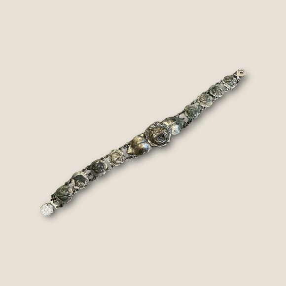 Antique Vintage Rose Relief Bracelet Silver Tone 8" Closure Elegant Floral Desig - Picture 2 of 11